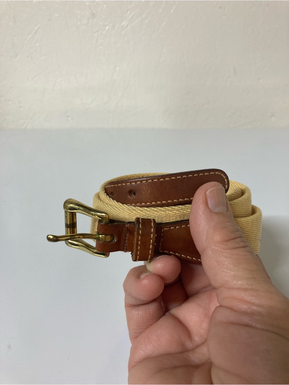 Dooney & Bourke Beige Canvas Belt with Brown Leather Trim Size 28